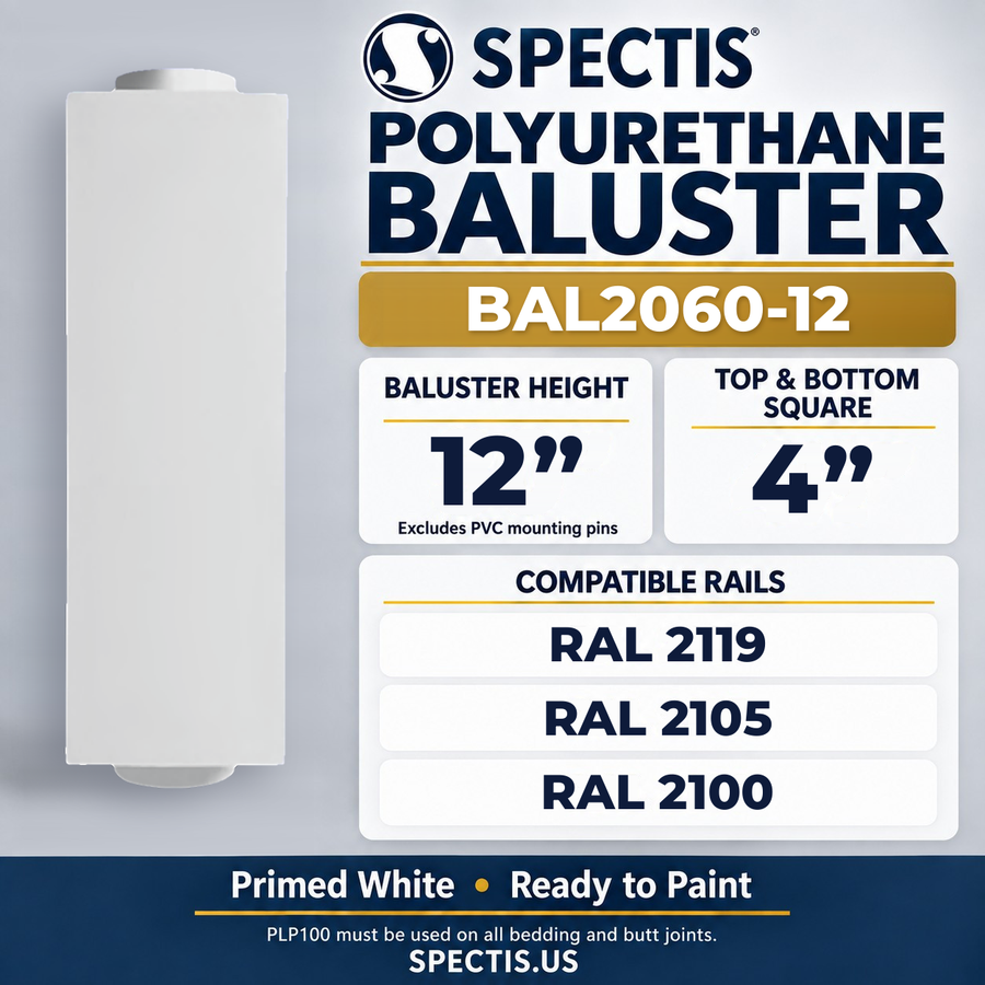 BAL2060-12 Spectis Polyurethane Baluster — 12″ H × 4″ Square; compatible rails: RAL 2119, RAL 2105, RAL 2100
