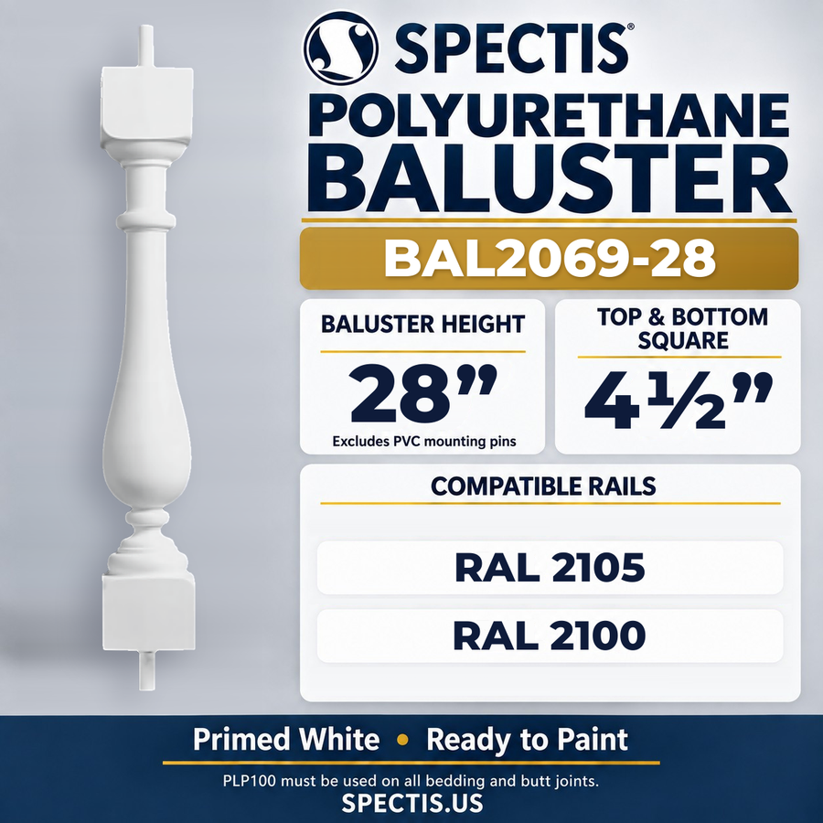 BAL2069-28 Spectis Polyurethane Baluster — 28″ H × 4 1/2″ Square; compatible rails: RAL 2105, RAL 2100