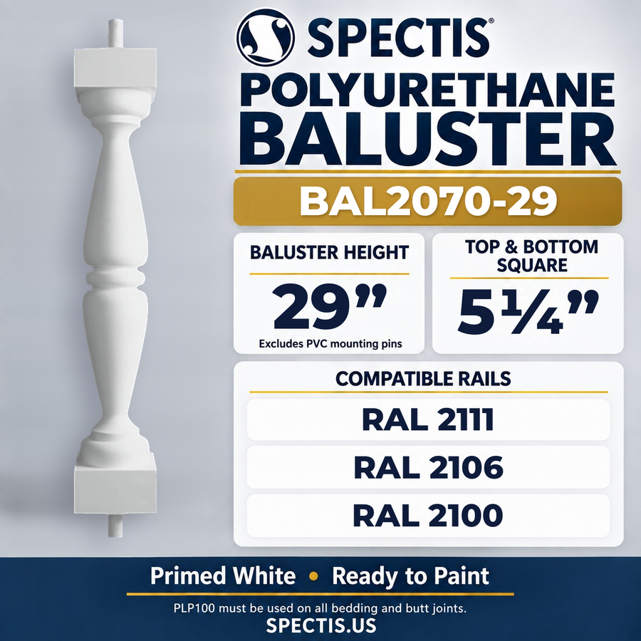 BAL2070-29 Spectis Polyurethane Baluster — 29″ H × 5 1/4″ Square; compatible rails: RAL 2111, RAL 2106, RAL 2100