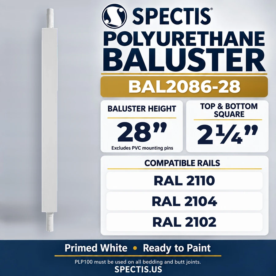 BAL2086-28 Spectis Polyurethane Baluster — 28″ H × 2 1/4″ Square; compatible rails: RAL 2110, RAL 2104, RAL 2102
