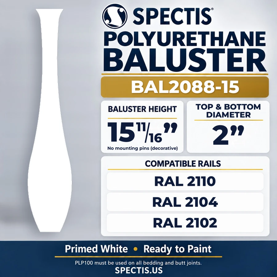BAL2088-15 Spectis Polyurethane Baluster — 15 11/16″ H × 2″ Round; compatible rails: RAL 2110, RAL 2104, RAL 2102