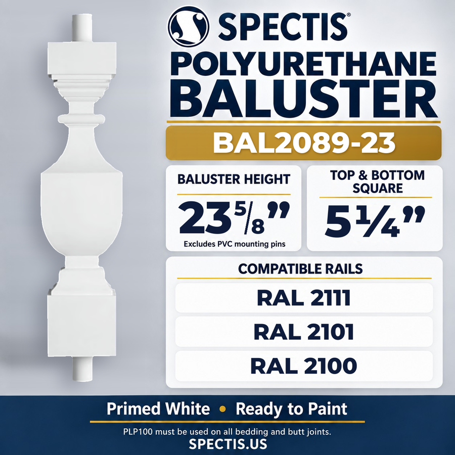 BAL2089-23 Spectis Polyurethane Baluster — 23 5/8″ H × 5 1/4″ Square; compatible rails: RAL 2111, RAL 2101, RAL 2100