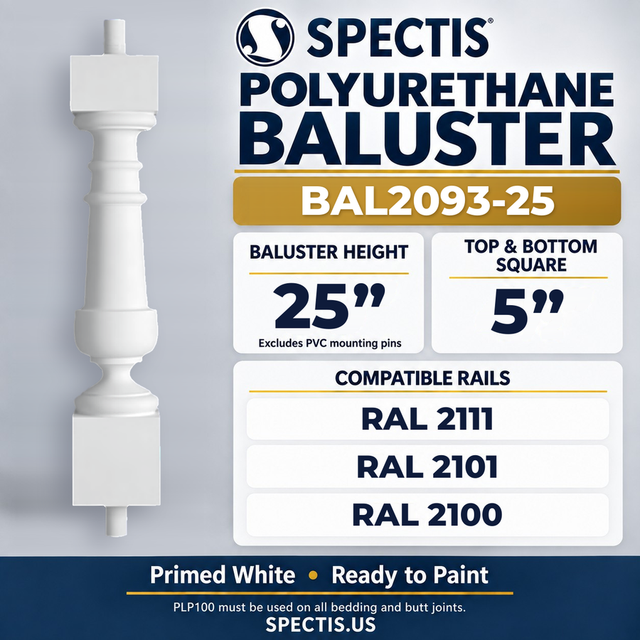 BAL2093-25 Spectis Polyurethane Baluster — 25″ H × 5″ Square; compatible rails: RAL 2111, RAL 2101, RAL 2100