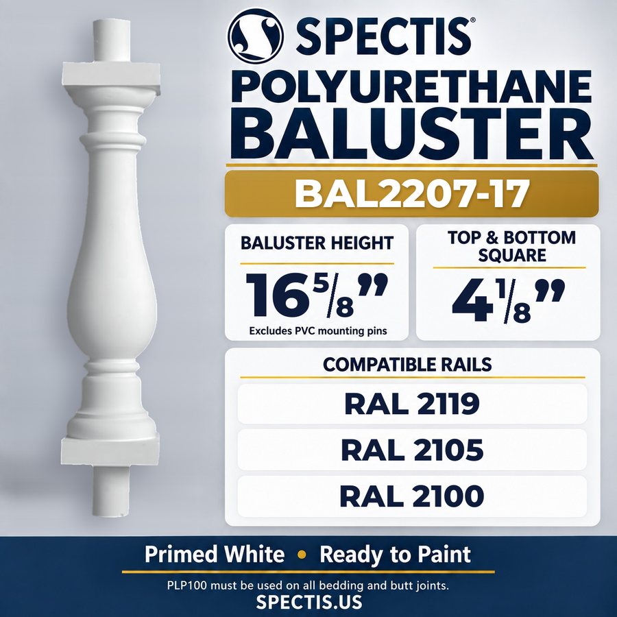 BAL2207-17 Spectis Polyurethane Baluster — 16 5/8″ H × 4 1/8″ Square; compatible rails: RAL 2119, RAL 2105, RAL 2100