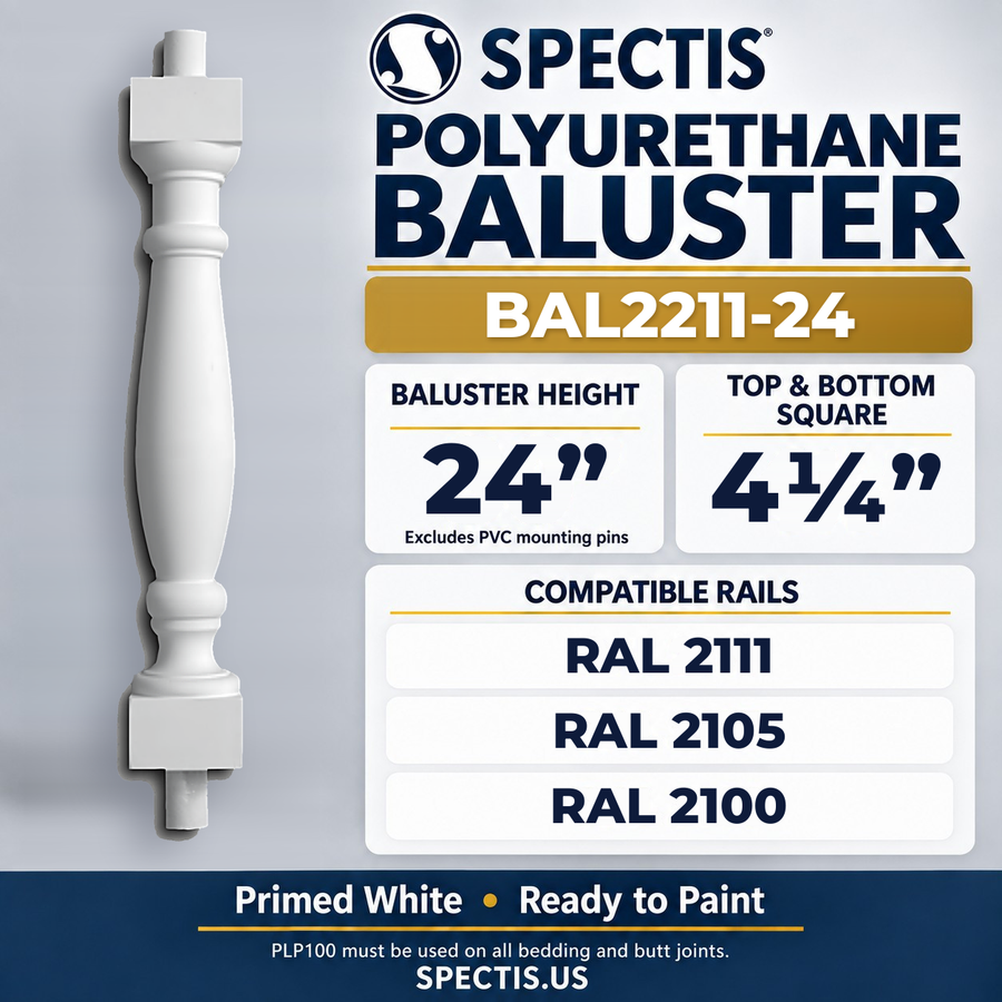 BAL2211-24 Spectis Polyurethane Baluster — 24″ H × 4 1/4″ Square; compatible rails: RAL 2111, RAL 2105, RAL 2100