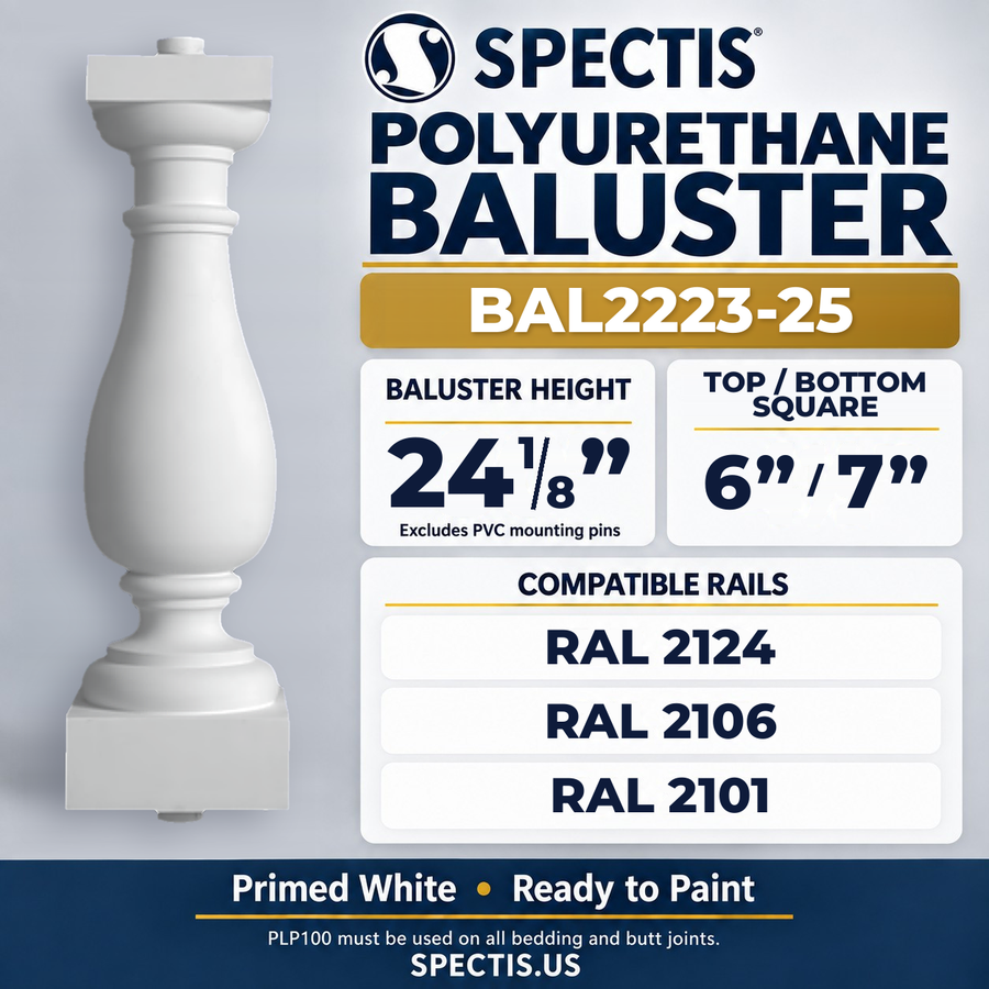 BAL2223-25 Spectis Polyurethane Baluster — 24 1/8″ H, 6″ / 7″ Square Ends; compatible rails: RAL 2124, RAL 2106, RAL 2101