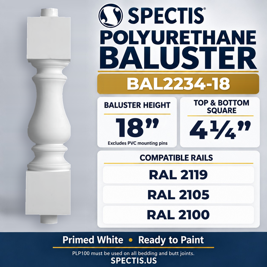 BAL2234-18 Spectis Polyurethane Baluster — 18″ H × 4 1/4″ Square; compatible rails: RAL 2119, RAL 2105, RAL 2100