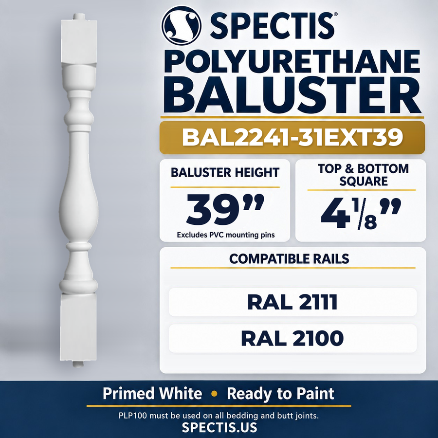 BAL2241-31EXT39 Spectis Polyurethane Baluster — 39″ H × 4 1/8″ Square; compatible rails: RAL 2111, RAL 2100