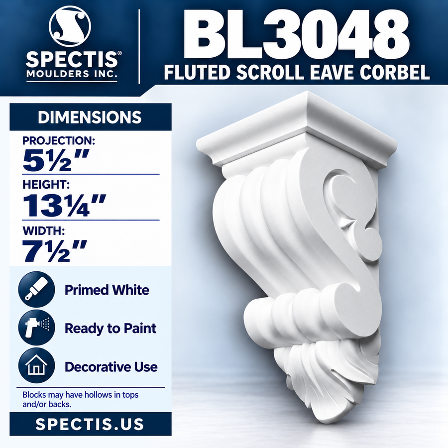 BL3048 Fluted Scroll Eave Corbel 7.5"W x 13.25"H x 5.5"P