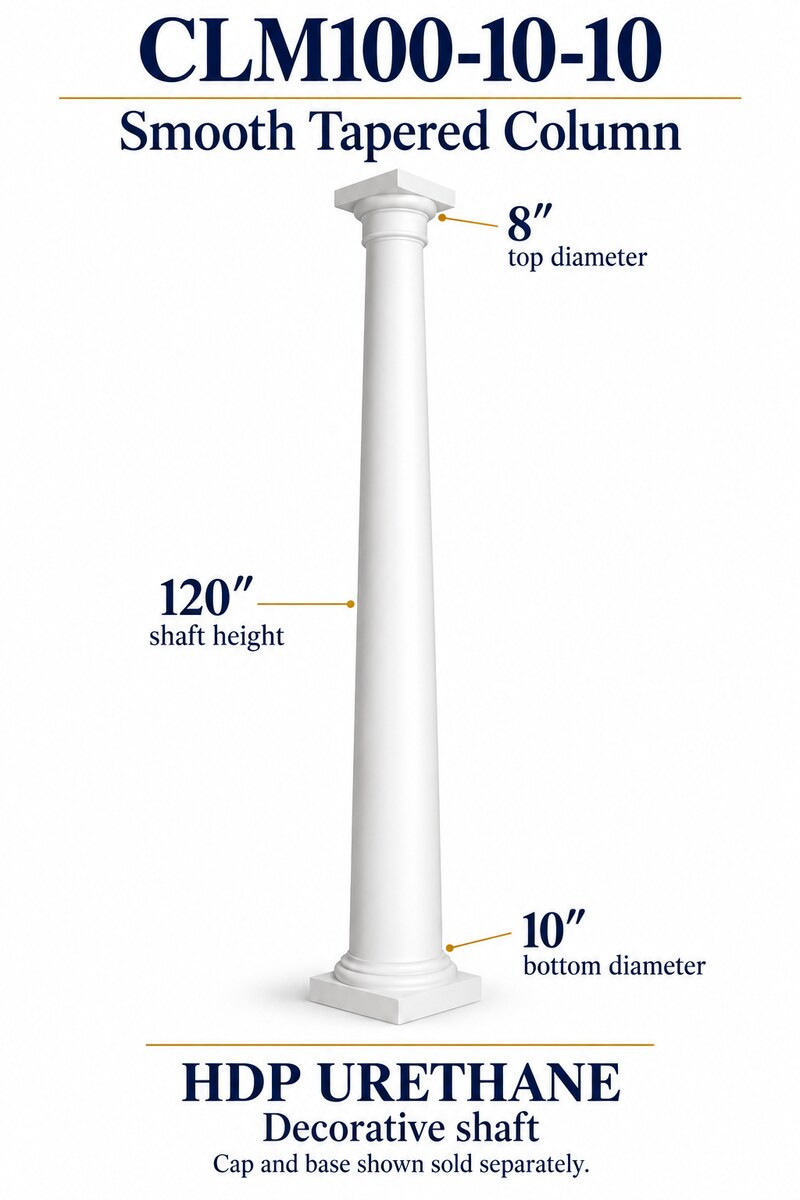 CLM100-10-10 Smooth Tapered Decorative Column – 10″ bottom × 8″ top × 120″ shaft
