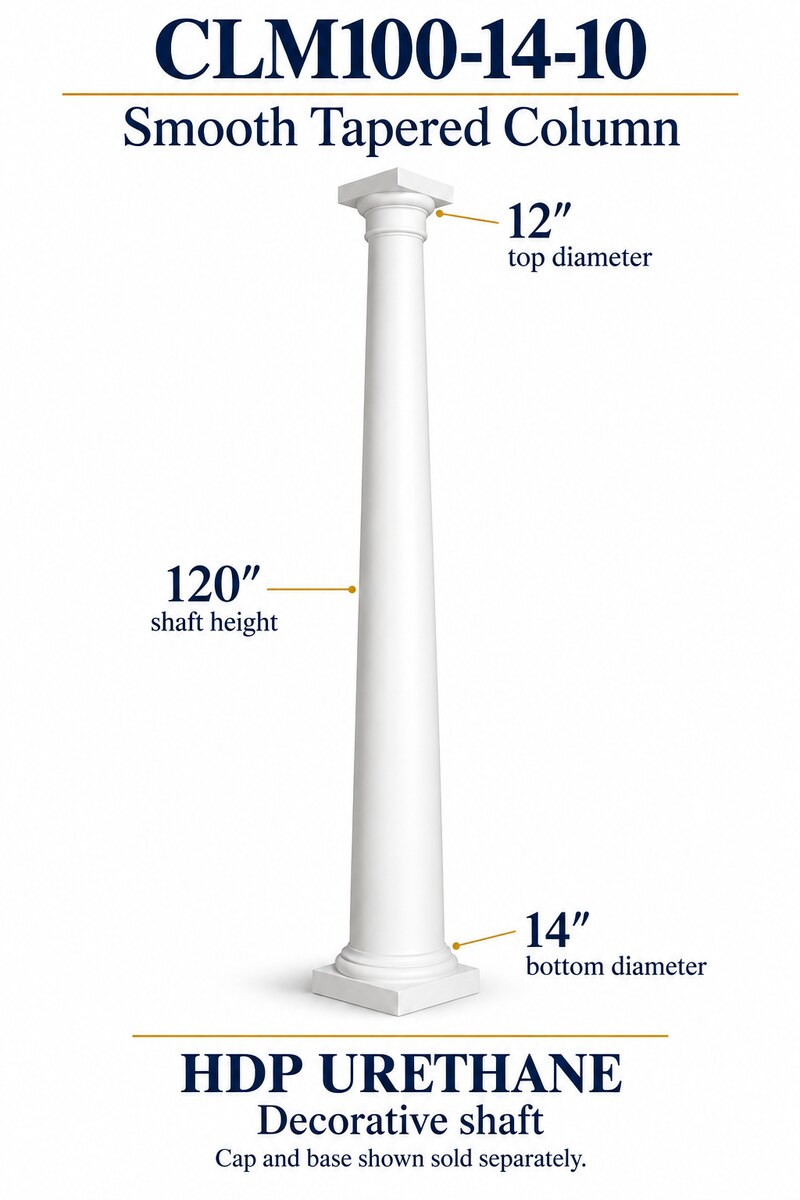 CLM100-14-10 Smooth Tapered Decorative Column – 14″ bottom × 12″ top × 120″ shaft