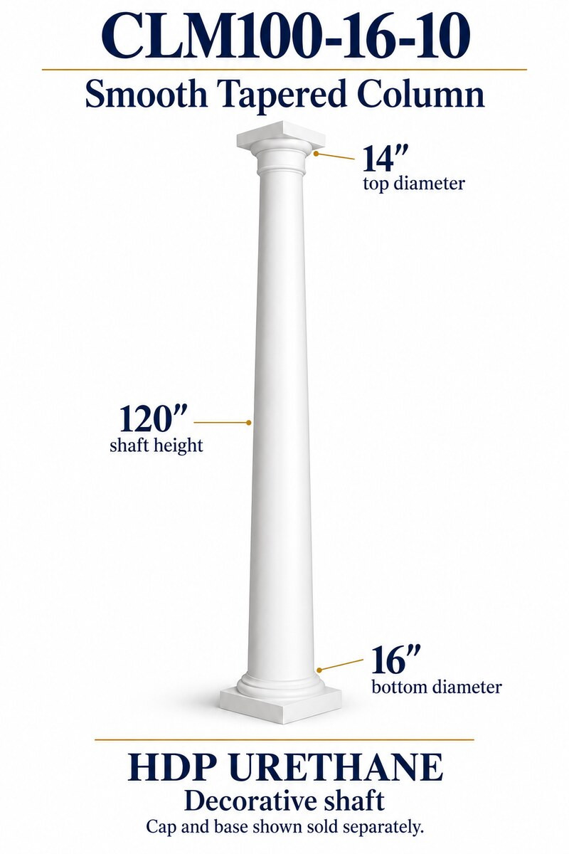 CLM100-16-10 Smooth Tapered Decorative Column – 16″ bottom × 14″ top × 120″ shaft