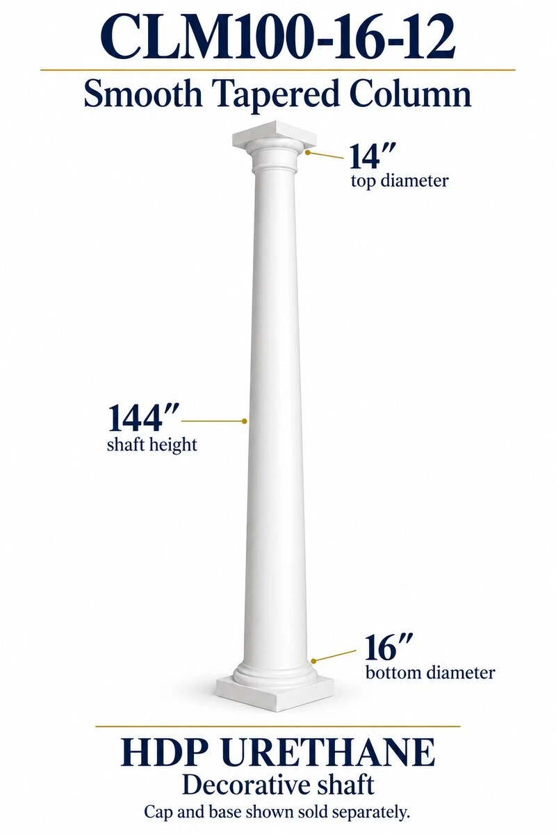 CLM100-16-12 Smooth Tapered Decorative Column – 16″ bottom × 14″ top × 144″ shaft