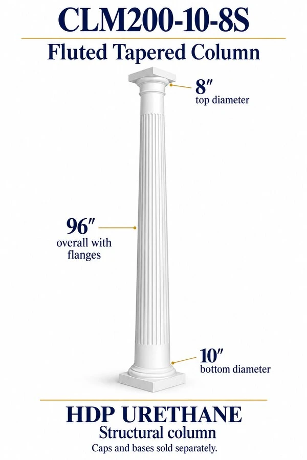 CLM200-10-8S Fluted Tapered Structural Column – 10″ bottom × 8″ top × 96″ overall – HDP urethane