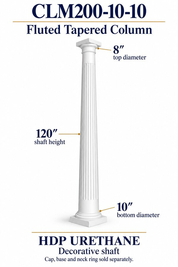 CLM200-10-10 Fluted Tapered Decorative Column – 10″ bottom × 8″ top × 120″ shaft – HDP urethane