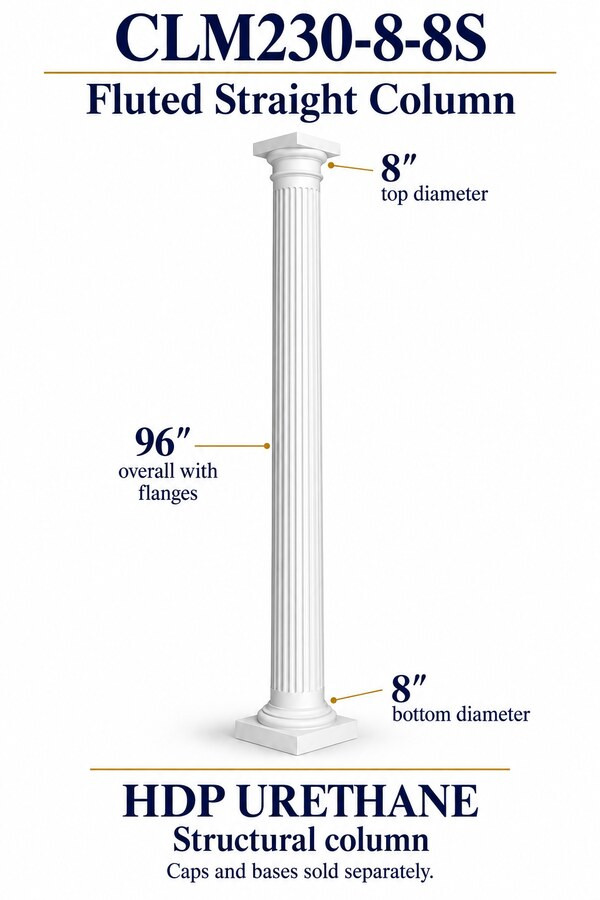 CLM230-8-8S Fluted Straight Structural Column – 8″ diameter × 96″ overall – HDP urethane