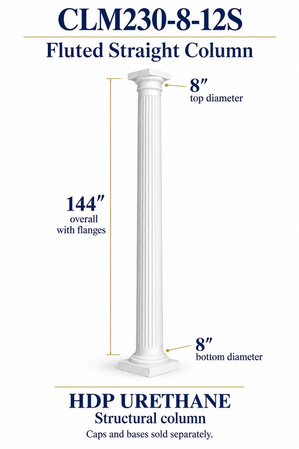 CLM230-8-12S Fluted Straight Structural Column – 8″ diameter × 144″ overall – HDP urethane
