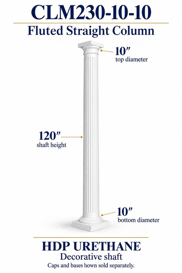 CLM230-10-10 Fluted Straight Decorative Column – 10″ diameter × 120″ shaft – HDP urethane