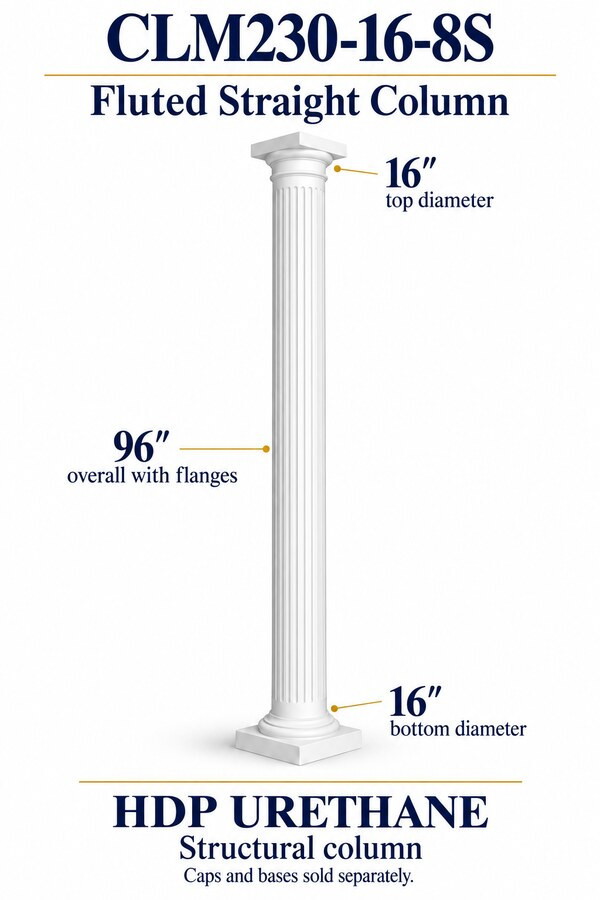 CLM230-16-8S Fluted Straight Structural Column – 16″ diameter × 96″ overall – HDP urethane