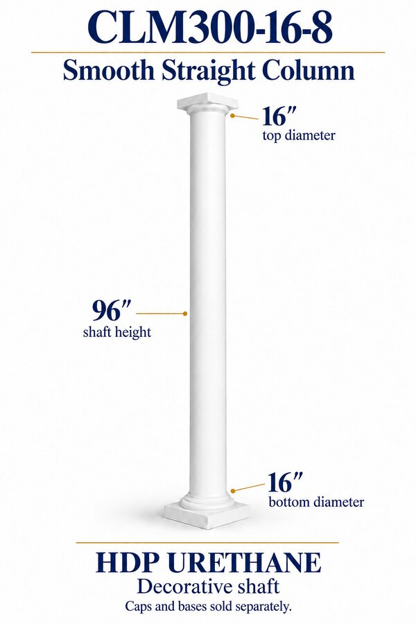 CLM300-16-8 Smooth Straight Decorative Column – 16″ diameter × 96″ shaft – HDP urethane