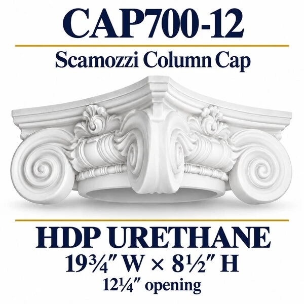 CAP700-12 Scamozzi Column Cap – 19¾″ W × 8½″ H | 12¼″ opening – HDP urethane