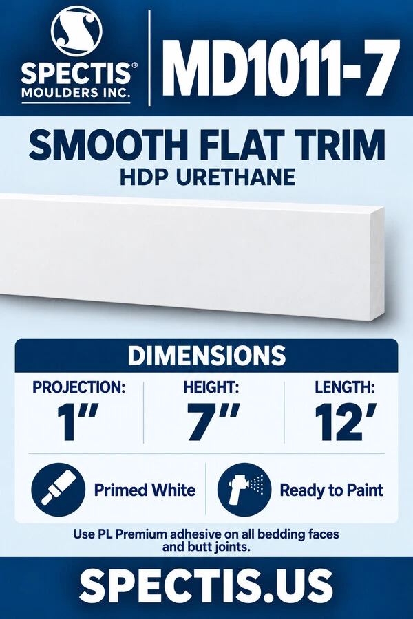 MD1011-7 Smooth Flat Trim — HDP Urethane — 1″ P × 7″ H × 12′ L