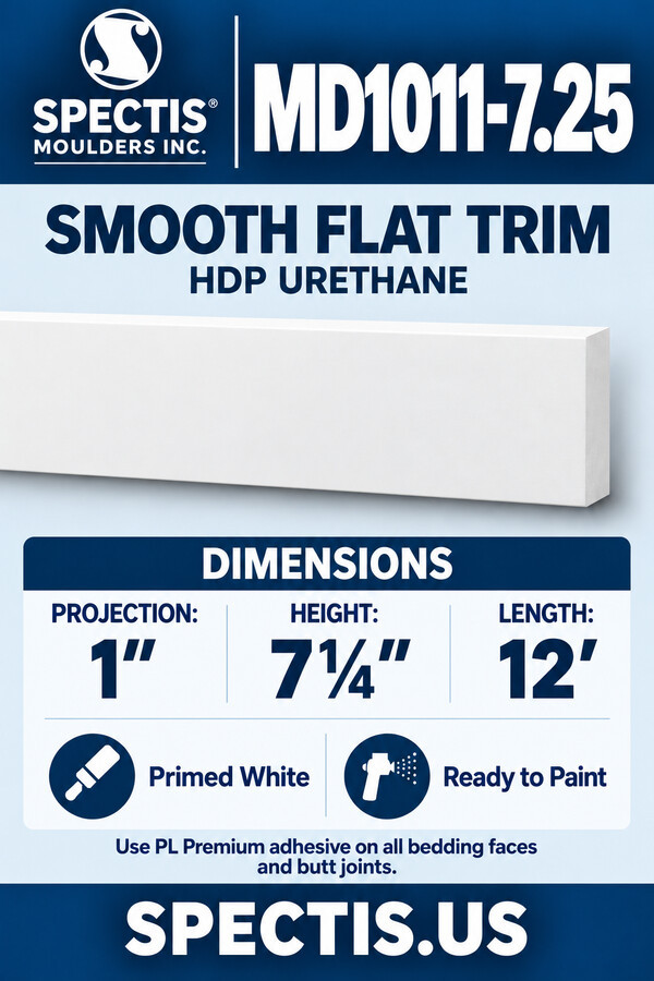 MD1011-7.25 Smooth Flat Trim — HDP Urethane — 1″ P × 7¼″ H × 12′ L