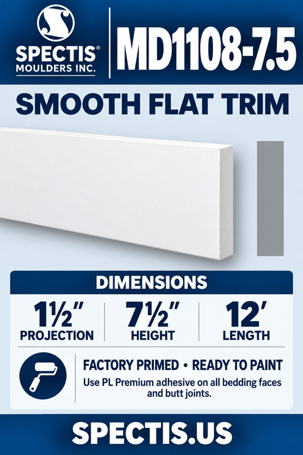 MD1108-7.5 Smooth Flat Trim — 1½″ projection × 7½″ height × 12′ length