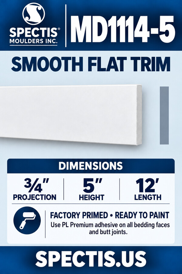 MD1114-5 Smooth Flat Trim — ¾″ projection × 5″ height × 12′ length