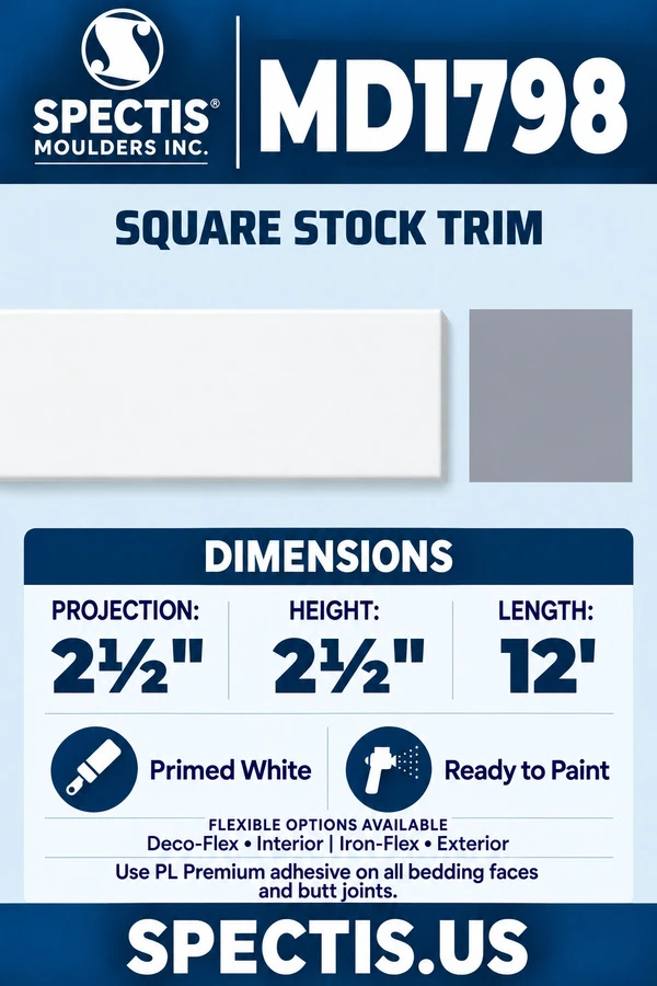 MD1798 Square Stock Trim — Polyurethane — 2½″ P × 2½″ H × 12′ L — clean moulding and matching side profile