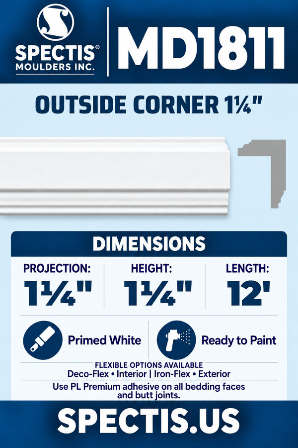 MD1811 Outside Corner 1¼″ — Polyurethane — 1¼″ P × 1¼″ H × 12′ L — clean moulding and matching side profile