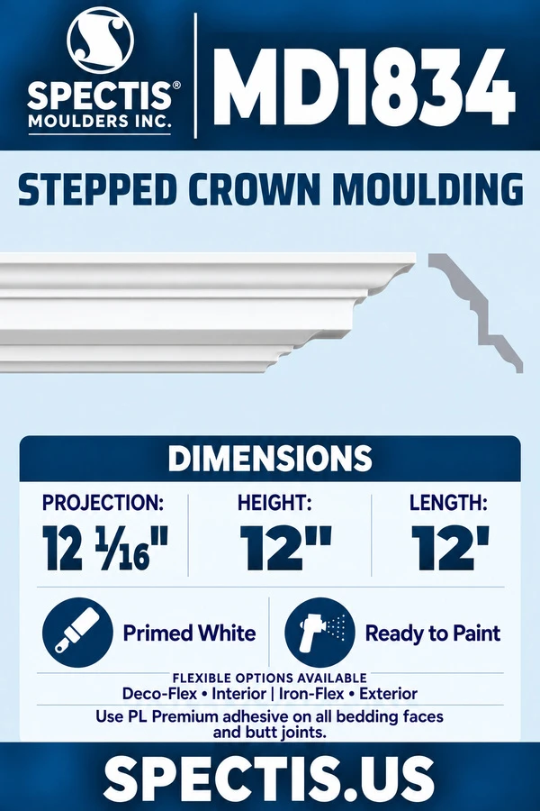MD1834 Stepped Crown Moulding — Polyurethane — 12 1⁄16″ P × 12″ H × 12′ L — clean moulding and matching side profile