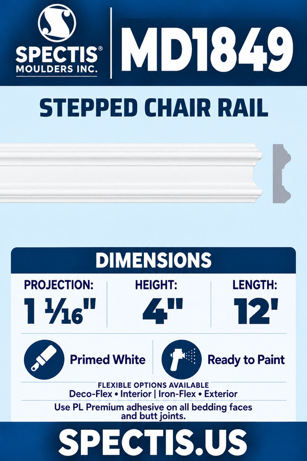 MD1849 Stepped Chair Rail — Polyurethane — 1 1⁄16″ P × 4″ H × 12′ L — clean moulding and matching side profile