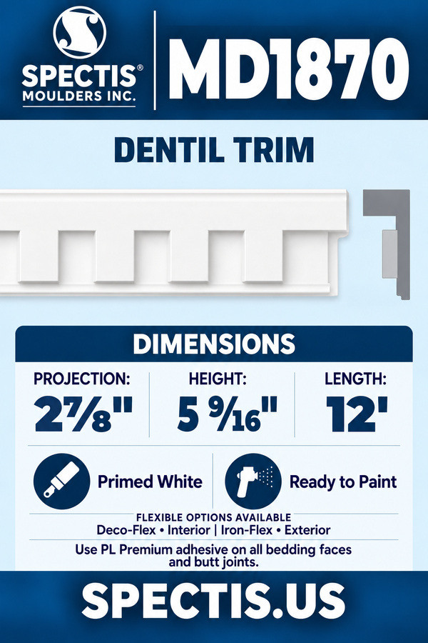 MD1870 Dentil Trim — Polyurethane — 2⅞″ P × 5 9⁄16″ H × 12′ L — moulding and matching side profile