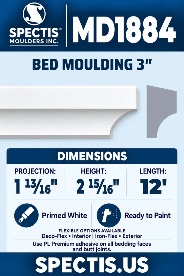 MD1884 Bed Moulding 3″ — Polyurethane — 1 13⁄16″ P × 2 15⁄16″ H × 12′ L — moulding and matching side profile