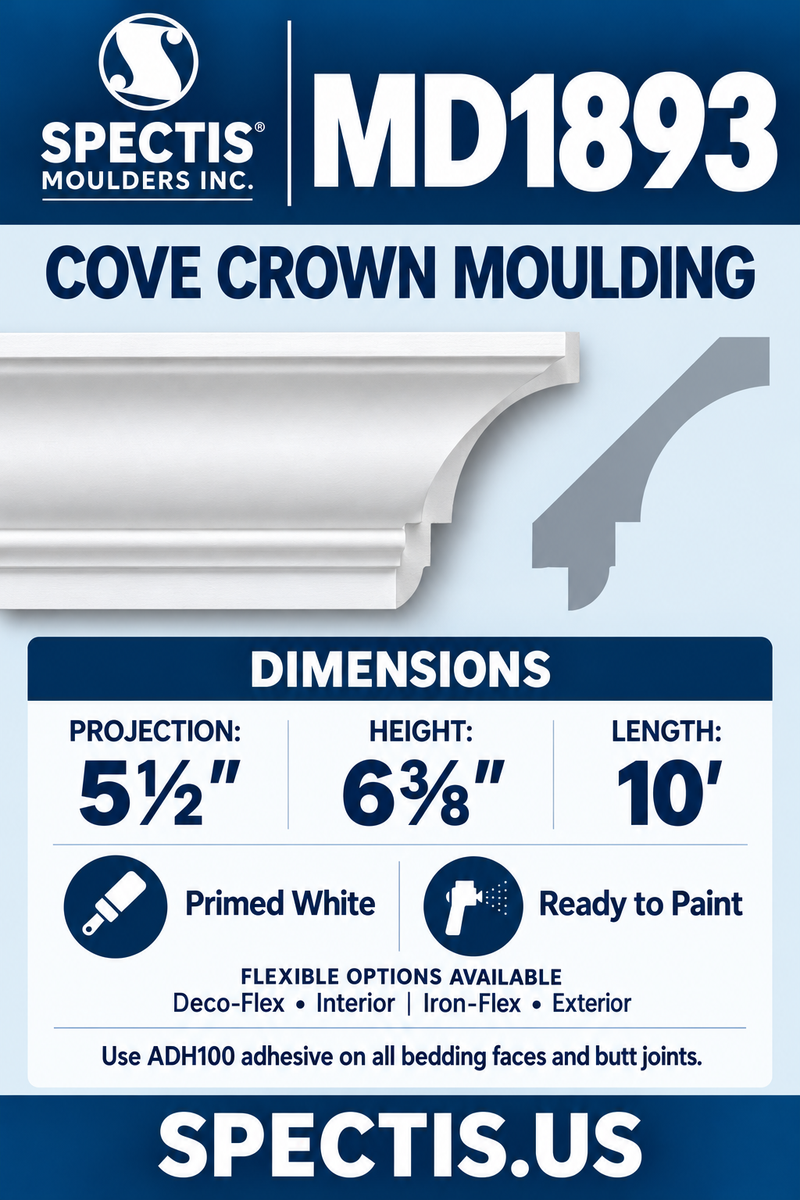 MD1893 Cove Crown Moulding — Polyurethane — 5½″ P × 6⅜″ H × 10′ L — moulding and matching side profile