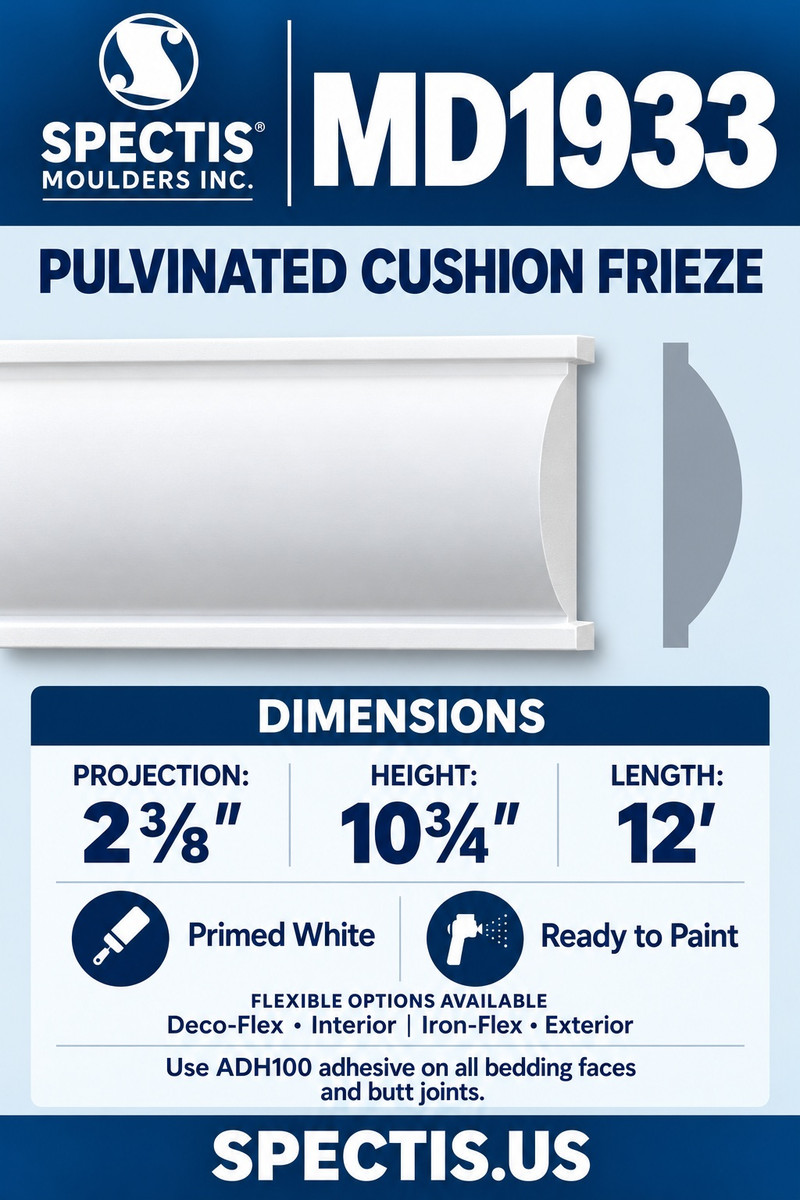 MD1933 Pulvinated Cushion Frieze — Polyurethane — 2⅜″ P × 10¾″ H × 12′ L — moulding and matching side profile