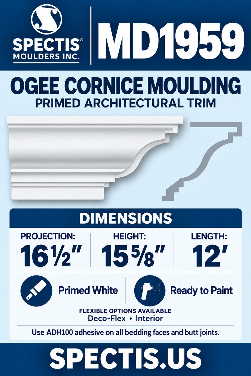 MD1959 Ogee Cornice Moulding — 16½″ P × 15⅝″ H × 12′ L — moulding and matching side profile