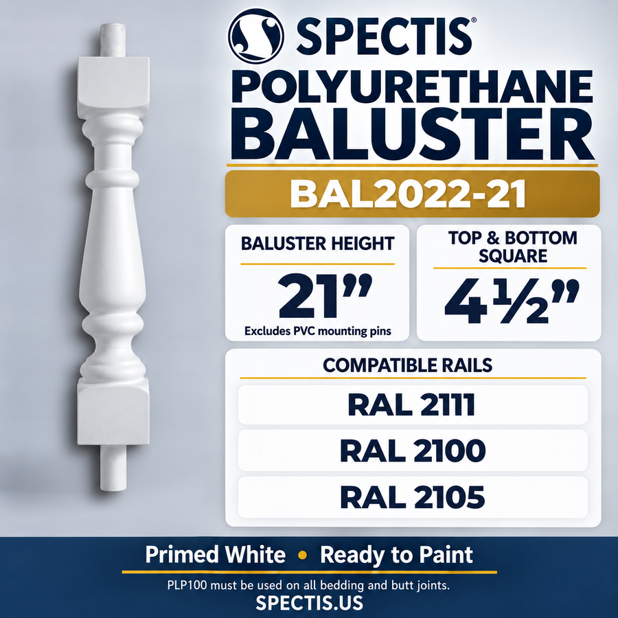 BAL2022-21 Spectis Polyurethane Baluster — 21″ H × 4 1/2″ Square; compatible rails: RAL 2111, RAL 2100, RAL 2105