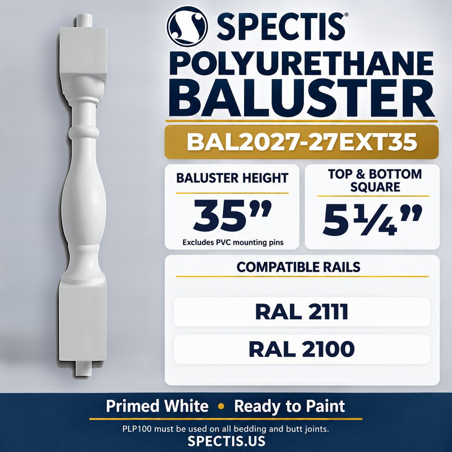 BAL2027-27EXT35 Spectis Polyurethane Baluster — 35″ H × 5 1/4″ Square; compatible rails: RAL 2111, RAL 2100