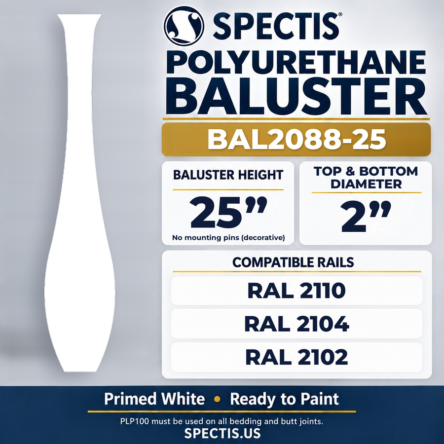 BAL2088-25 Spectis Polyurethane Baluster — 25″ H × 2″ Round; compatible rails: RAL 2110, RAL 2104, RAL 2102