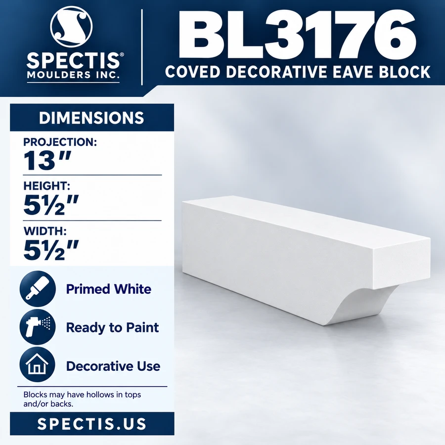BL3176 Coved Decorative Eave Block – 5½″ W × 5½″ H × 13″ Projection