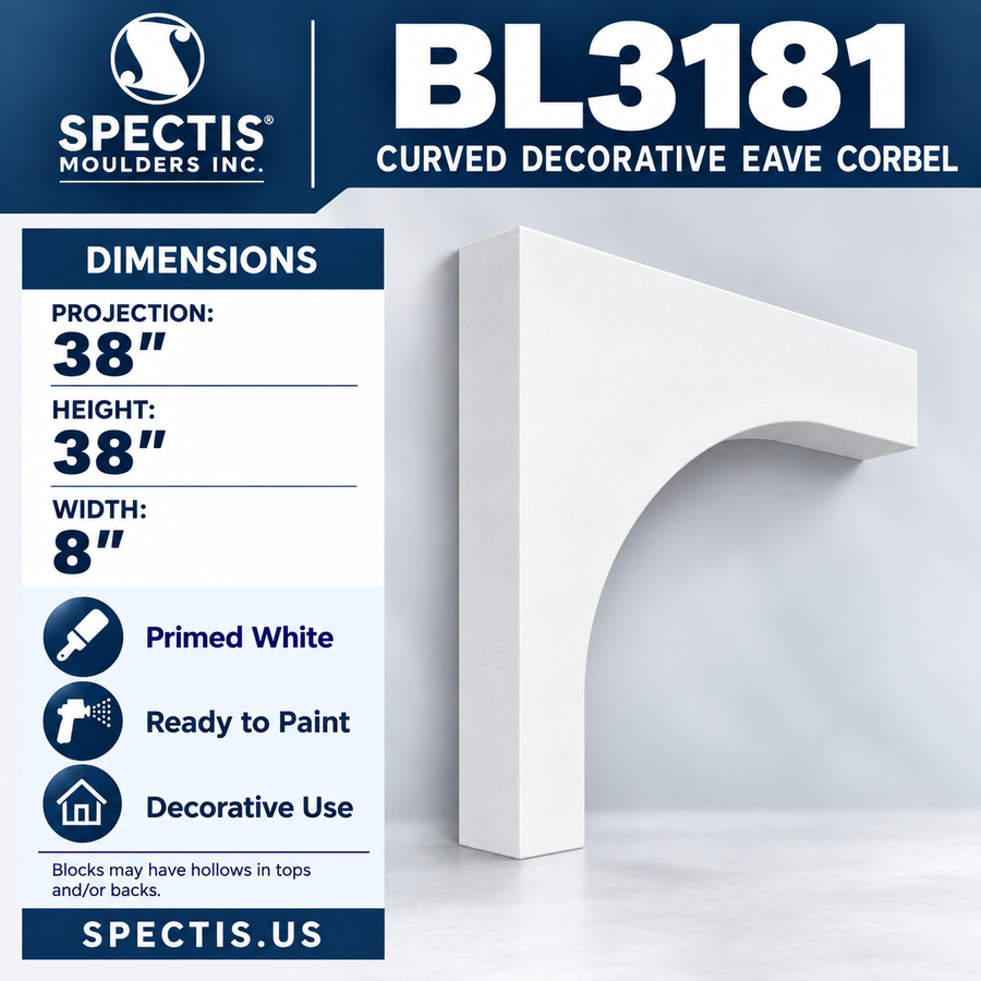 BL3181 Curved Decorative Eave Corbel – 8″ W × 38″ H × 38″ Projection