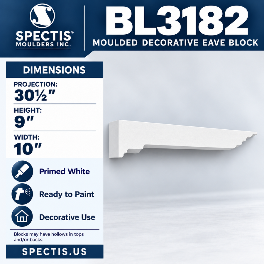 BL3182 Moulded Decorative Eave Block – 10″ W × 9″ H × 30½″ Projection