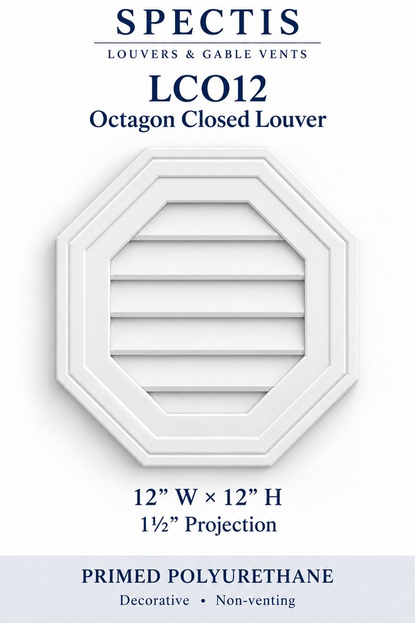 LCO12 Octagon Closed Louver — 12″ W × 12″ H × 1½″ projection — decorative, non-venting