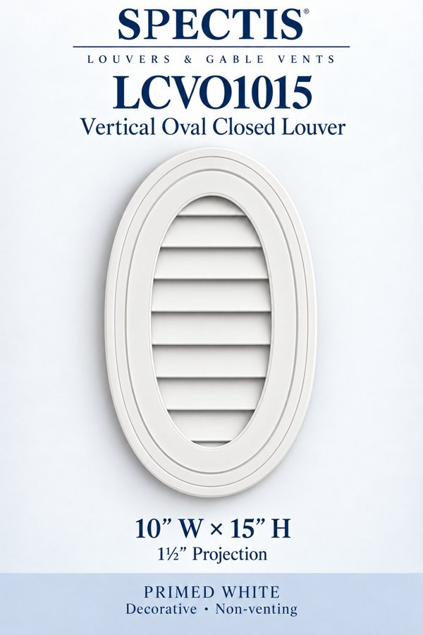 LCVO1015 Vertical Oval Closed Louver — 10″ W × 15″ H — Primed White — 1½″ projection; decorative, non-venting
