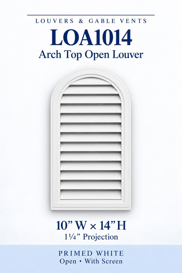 LOA1014 LOA1014 Arch Top Open Louver Vent — 10″ W × 14″ H — Primed White, primed white, 10 inches wide by 14 inches high