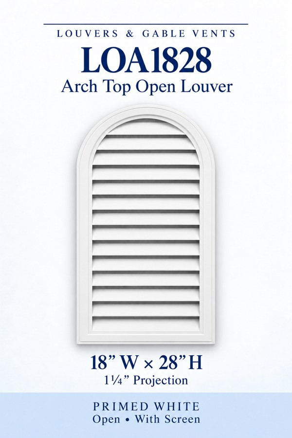LOA1828 LOA1828 Arch Top Open Louver Vent — 18″ W × 28″ H — Primed White, primed white, 18 inches wide by 28 inches high
