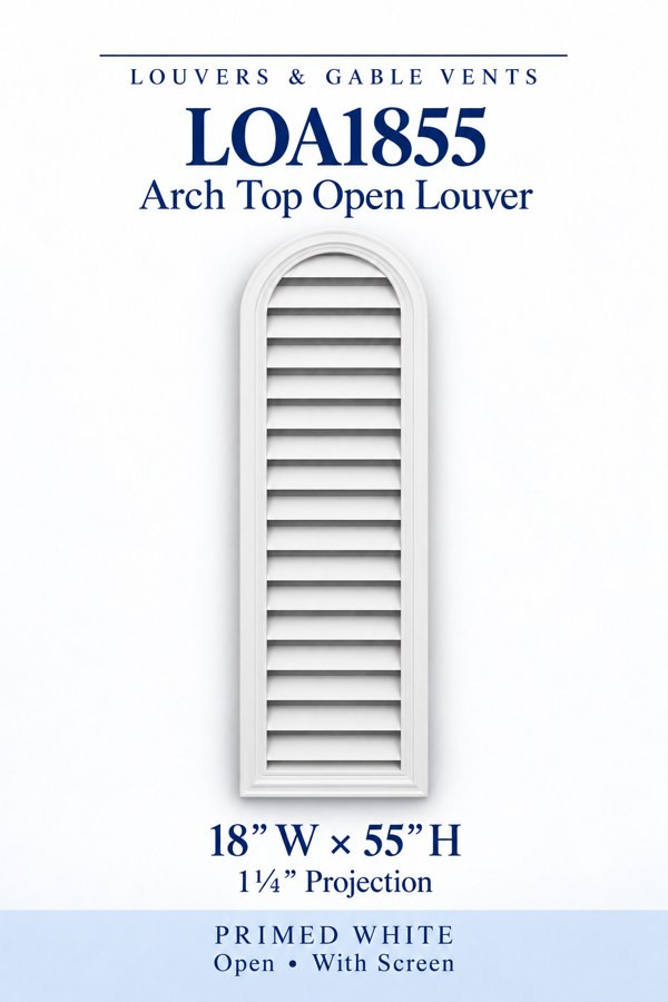 LOA1855 LOA1855 Arch Top Open Louver Vent — 18″ W × 55″ H — Primed White, primed white, 18 inches wide by 55 inches high