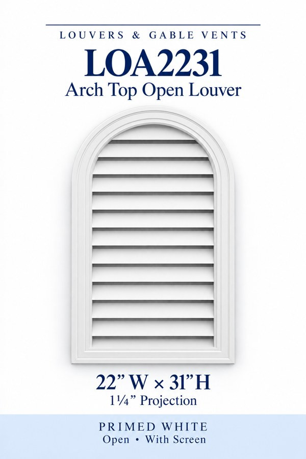 LOA2231 LOA2231 Arch Top Open Louver Vent — 22″ W × 31″ H — Primed White, primed white, 22 inches wide by 31 inches high